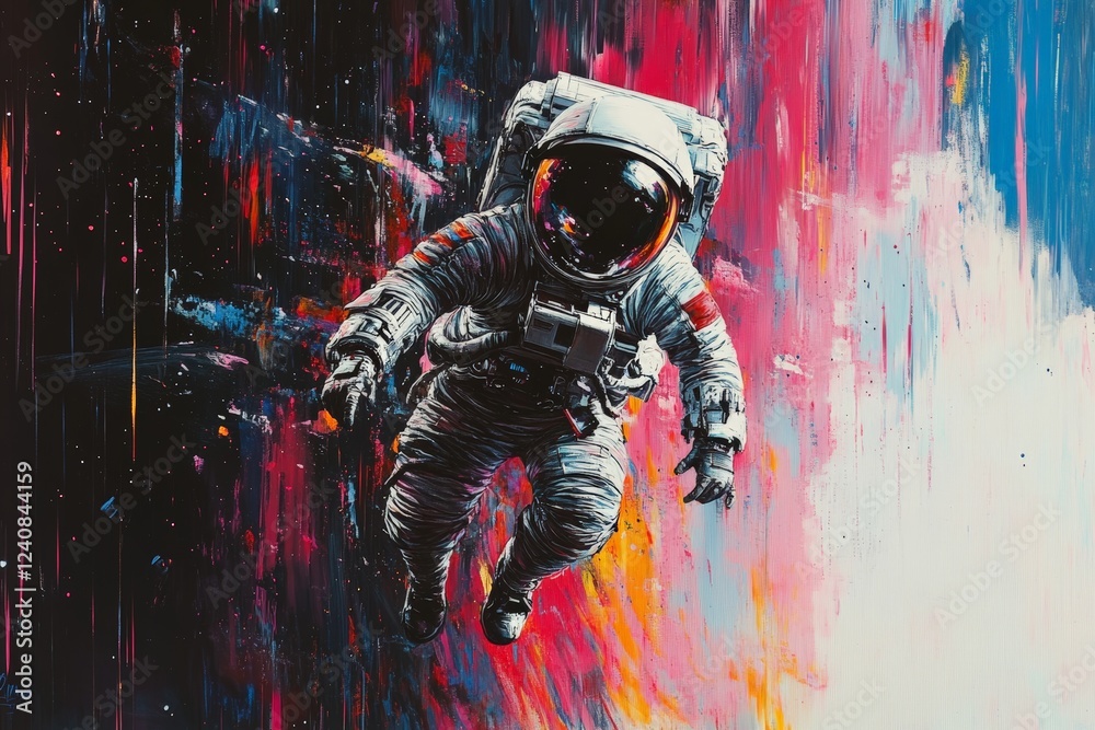 Aufkleber Astronaut floating in vibrant cosmic space with splashes of color and a deep universe backdrop