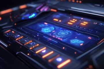 Obraz premium Futuristic control panel with glowing interfaces and advanced technology features at a modern workspace