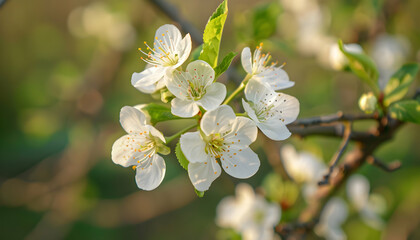 Delicate white cherry blossoms blooming on a branch in a serene garden setting at sunset