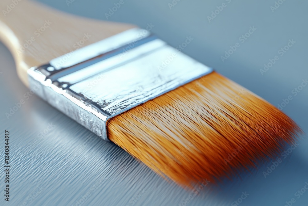 Poster brush for painting with orange bristles resting on a smooth surface in an artistic workspace during 