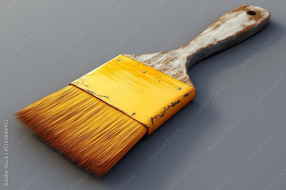 Aufkleber detailed view of a weathered paintbrush with a worn handle and vibrant bristles on a neutral backgro