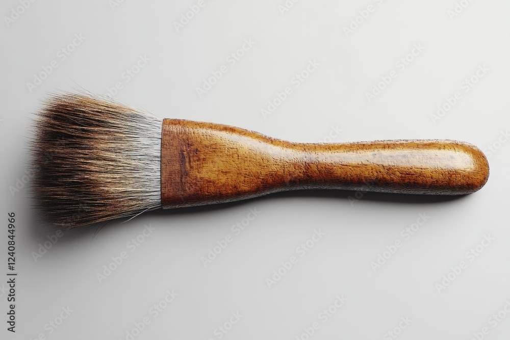 Poster paintbrush with a wooden handle and fine bristles lying on a neutral background