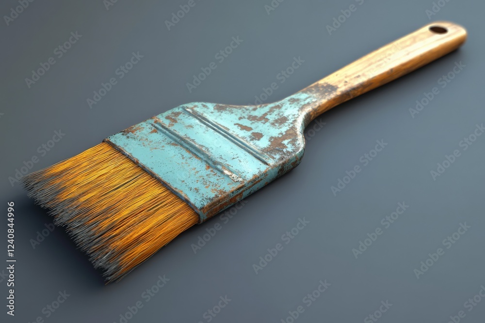 Poster Rusty paintbrush resting on a dark surface showcasing wear and tear from years of use in artistic projects