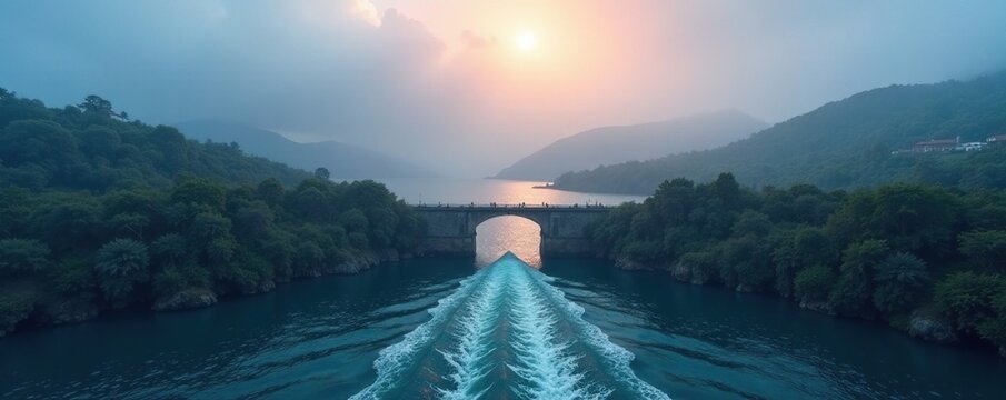 Triangulo formado por barcas y puente en la niebla, navegacion, , mar