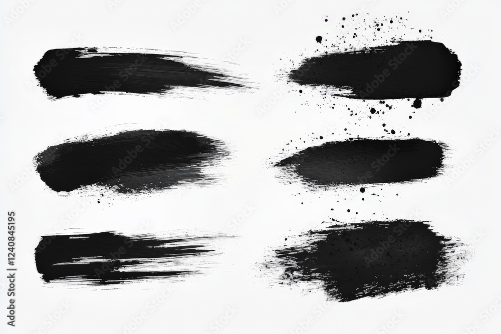 Poster black paint strokes and splatters create artistic textures on a white background