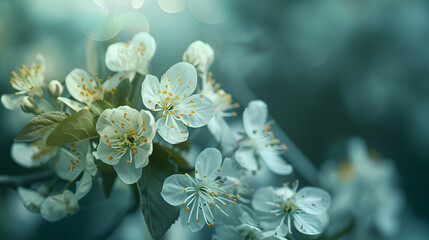 Delicate white cherry blossoms in soft focus, showcasing spring beauty in a tranquil garden