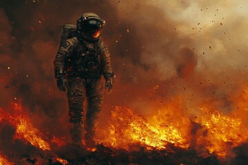 Astronaut walks through a fiery landscape during an intense space exploration mission