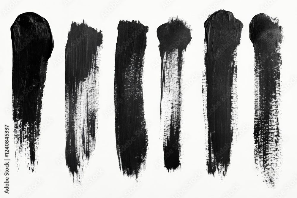 Poster black paint strokes on a white canvas showcasing different textures and lengths in an artistic arran