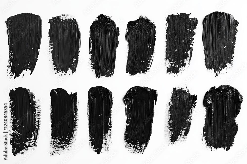 Poster Various textures and strokes of black paint arranged in an artistic layout on a white background