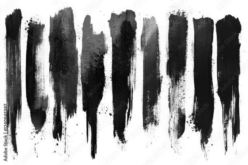 Poster Black brush strokes create dynamic visual texture on a white canvas in contemporary art display