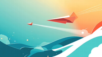 Fototapeta premium image of paper planes flying over colorful waves, symbolizing ambition and dreams. vibrant colors create sense of adventure and freedom