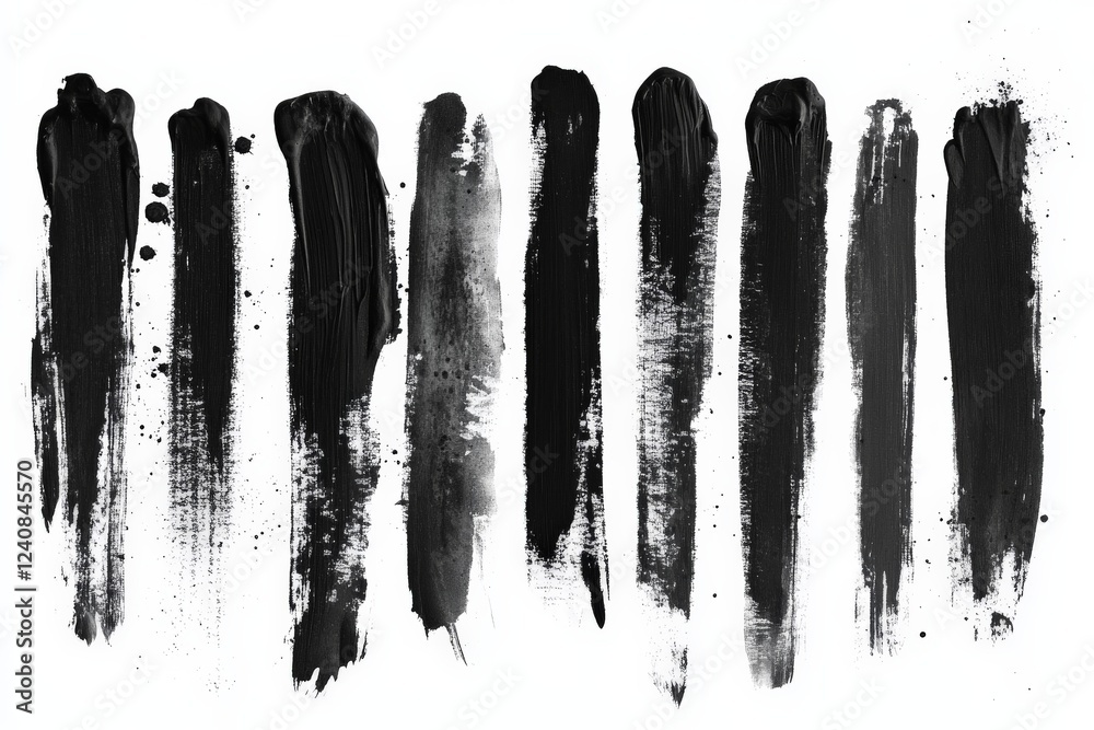 Poster unique black paint strokes on a white background showcasing various textures and techniques used by 