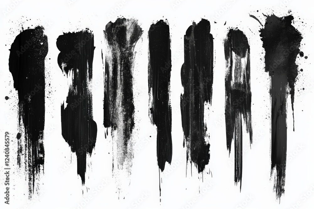 Poster Black paint strokes create an abstract art composition on a white background showcasing various textures and techniques