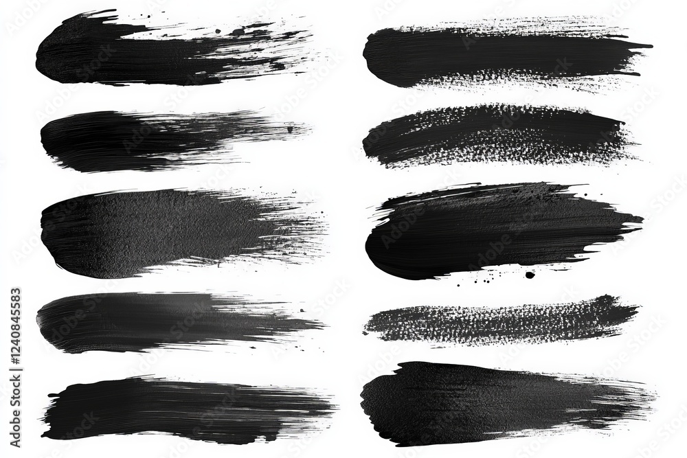 Poster multiple brush stroke textures in black showcasing various styles and techniques for artistic purpos