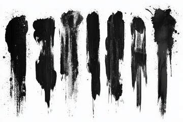 Black paint strokes create an abstract art composition on a white background showcasing various textures and techniques