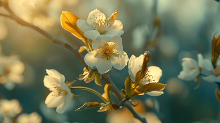 Delicate cherry blossoms in soft sunlight, showcasing nature's beauty in a serene garden