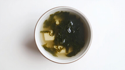 Single miso soup bowl on a white background