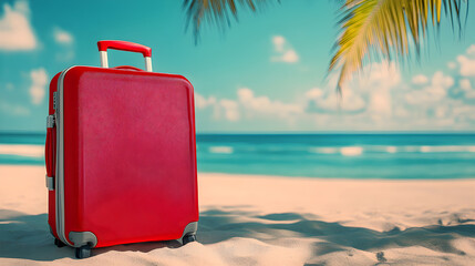 Luggage with Hat on Coastal Rocks Overlooking Blue Ocean, Representing Island Vacation, Tropical Holiday Getaway, and Seaside Travel Adventures