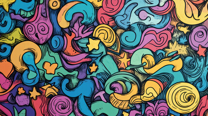 Fototapeta premium vibrant collection of whimsical doodle shapes in various colors, featuring swirls, stars, and abstract forms that create playful and energetic atmosphere