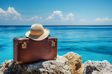 Travel Suitcase on Sandy Beach with Ocean View Under Sunny Sky, Representing Vacation Getaway, Summer Adventure, Tropical Holidays, and Leisure Travel Inspiration