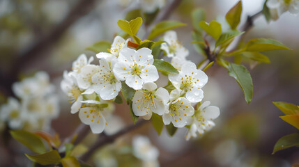 Obraz premium Close-up of delicate white blossoms on a tree branch with lush green leaves in spring