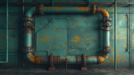 Naklejka premium Rustic Industrial Pipes Teal Wall Background, Aged Metal Texture with Vintage Grunge Design.