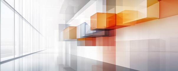 A modern, abstract interior featuring translucent geometric shapes in warm colors, creating a sense of depth and space.