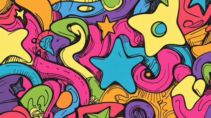 Bright and fun doodle shapes creatively designed with vibrant colors and playful patterns. This lively artwork features stars, swirls, and abstract forms, perfect for adding energy to any space