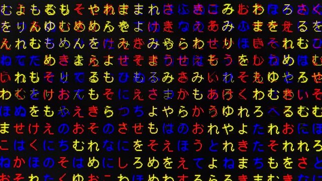 三原色・コンピュータ空間のランダムな文字列・さまざまな文字を含むデータベース・エンコードされたプログラム内のデータセット・数学的計算・大規模言語モデル・機械翻訳・ひらがな・日本語・縦長・ビデオ