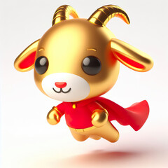 Adorable Superhero Goat Cartoon, 3D Render, Flying, Red Cape, Gold Horns