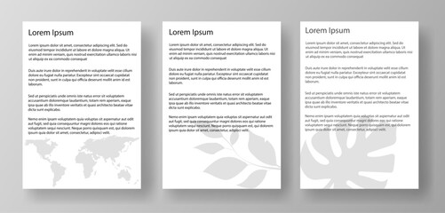 Three A4 letter mockup templates featuring lorem ipsum text and a floral watermark. The documents are displayed on a light gray background. Concept of document layout design. Vector illustration