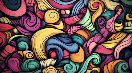 Colorful abstract doodle shapes creatively arranged in vibrant swirls and patterns, showcasing playful and artistic design. This artwork evokes sense of joy and creativity