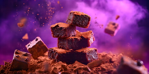 Pieces of chocolate brownie flying and falling down, on the background of purple smoke. For a cool theme, desserts with hemp, marijuana. Pantone 2025. Copy space. Horizontal background for advertising