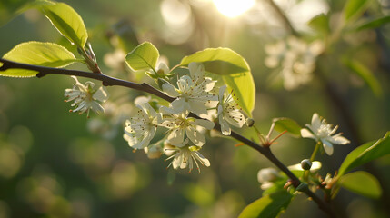 Delicate white flowers blooming on a branch during golden hour, with soft sunlight filtering through leaves