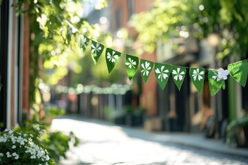 Fototapeta premium Festive street with green shamrock banners for st. patrick's day celebration