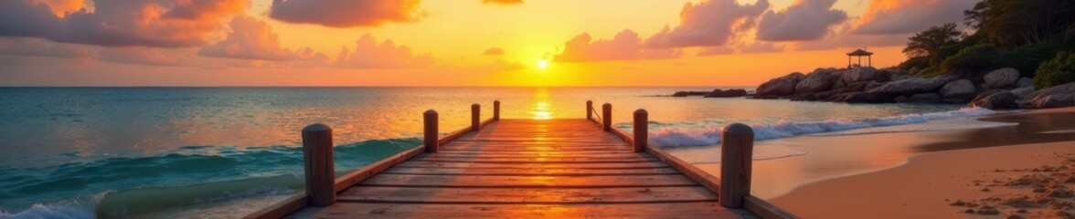 Fototapeta premium Rustic wooden pontoon on sandy beach at sunset, vacation, jetty, lake