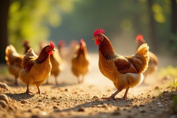 Fototapeta premium Several hens roaming freely, dust bathing in sun, relaxed, nature, hen