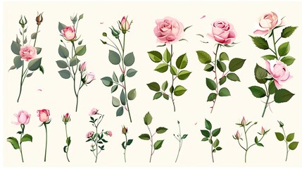 Blossoming Romance: The Alluring Set of Floral Branches with Pink Roses and Green Leaves for Wedding - Inspired Design