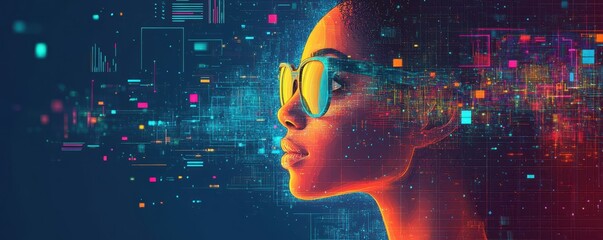 A futuristic portrait of a woman with sunglasses, surrounded by vibrant digital patterns and colorful data streams, representing technology and innovation.