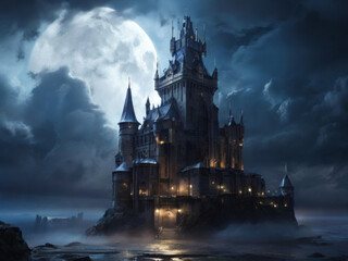 Fototapeta premium Hauntingly Beautiful Castle Under a Full Moon, mysterious castle illuminated by moonlight