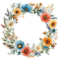 Watercolor wildflowers wreath isolated on transparent background