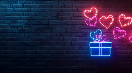 Neon graffiti Valentines box on a brick wall background, bold urban style, colorful glowing hearts and tags