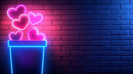 Neon graffiti Valentines box on a brick wall background, bold urban style, colorful glowing hearts and tags