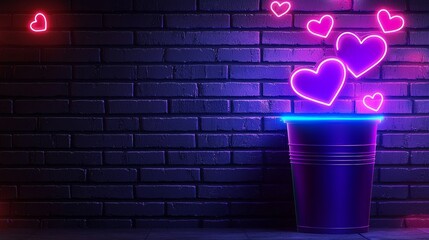 Neon graffiti Valentines box on a brick wall background, bold urban style, colorful glowing hearts and tags
