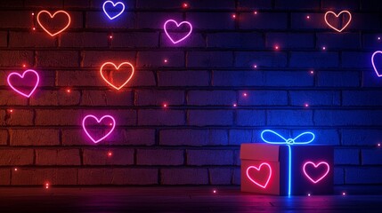 Neon graffiti Valentines box on a brick wall background, bold urban style, colorful glowing hearts and tags