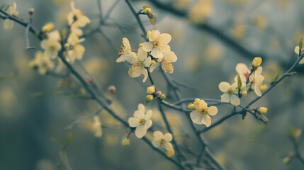 Fototapeta premium Delicate yellow blossoms on branches in a soft-focus background of spring foliage