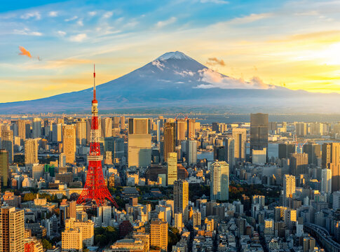 Tokyo skyline with Japan Radio (TV) Tower and Fuji mountain at sunset
