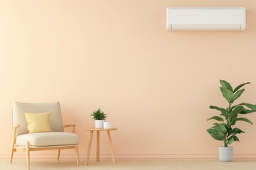 Fototapeta premium Cozy living room interior with soft pastel colors, featuring a comfortable chair, potted plants, and modern air conditioning for a serene atmosphere