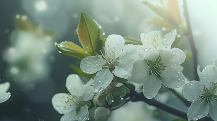 Close-up of delicate white cherry blossoms adorned with raindrops, set against a soft, dreamy background