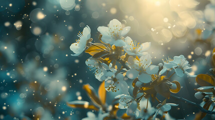 Beautiful close-up of delicate white cherry blossoms illuminated by soft sunlight with bokeh